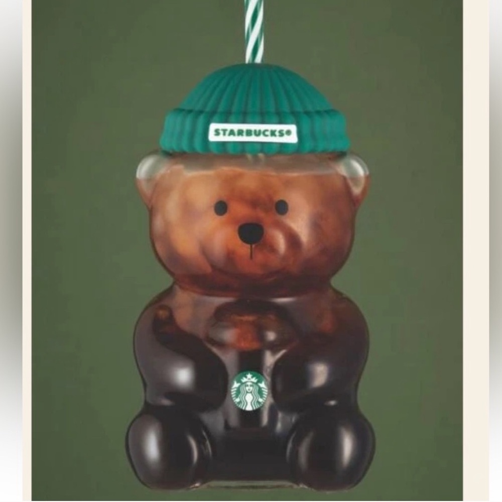 NWT Starbucks Glass Barista
Bear Tumbler with Green Beanie
Lid and Straw